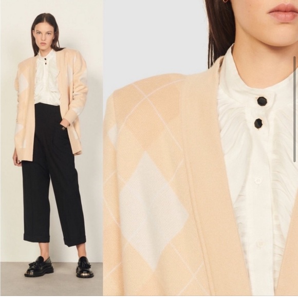 New Sandro Glenda Plaid Wool Cashmere
Cardigan Ecru Diamond Argyle Knit - Picture 5 of 16